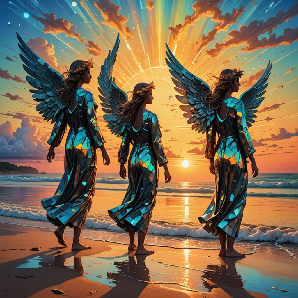 Angels on Beach at Sunrise, Astral Illustration