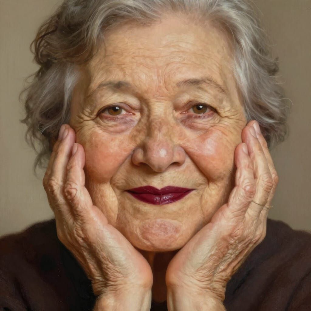 Loving Grandmother Forms Heart with Lips in Digital Painting