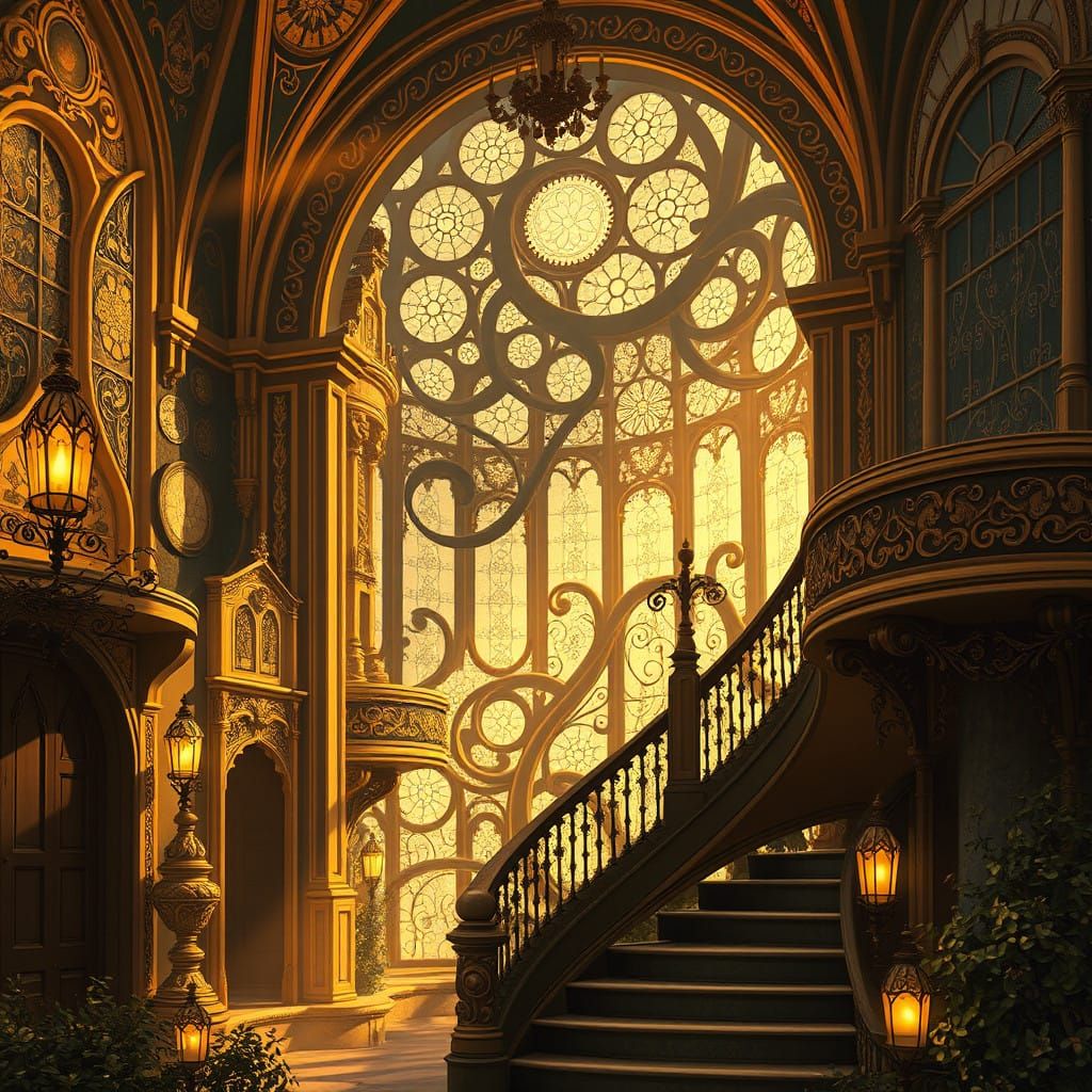 Art Nouveau Masterpiece with Golden Volumetric Lighting