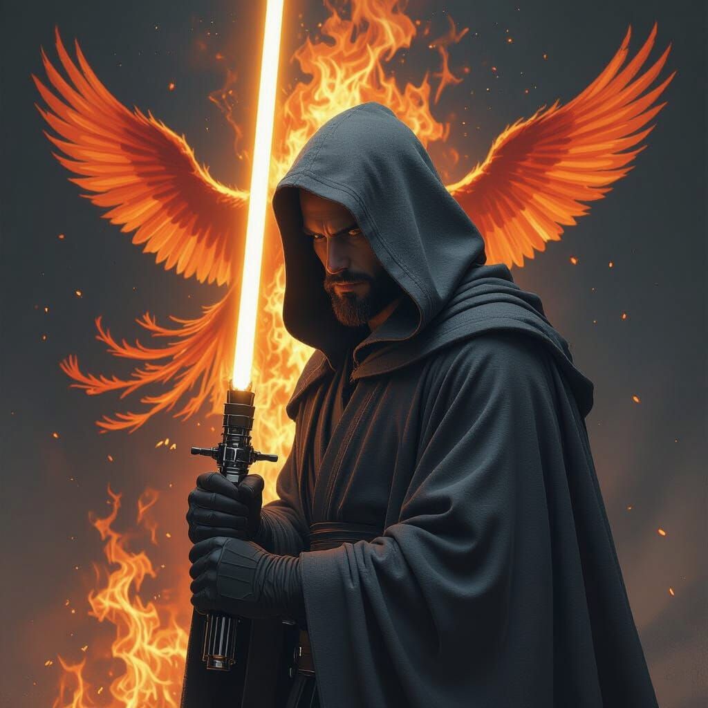 Jedi with Phoenix Lightsaber in Digital Painting Style