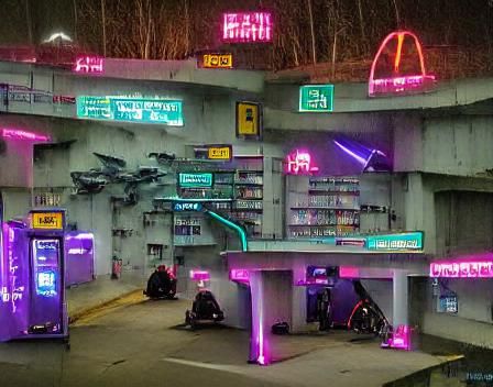 Cyberpunk Highway Rest Stop at Night