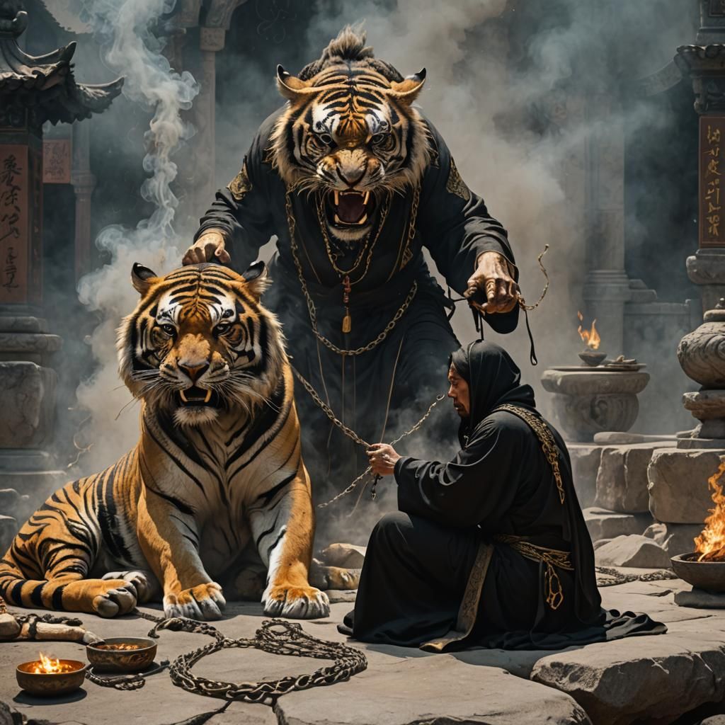 Golden Tiger with Chains in Hyperrealistic Style