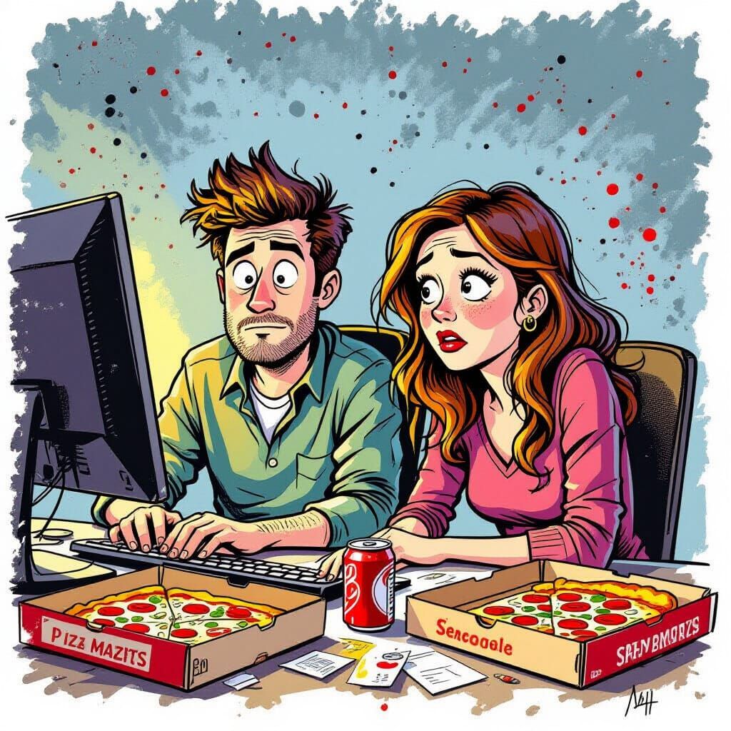 Comedic Scene of Programmer and Girlfriend in Steadman Style