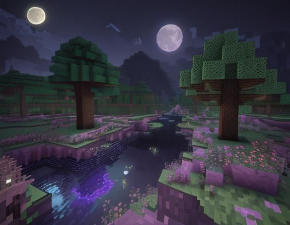 Minecraft, ultra shading, plain biome, Minecraft blocks, hyper-realistic Minecraft, glowing river, flowers, nighttime, b...