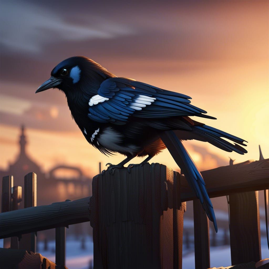 Magpie on Fence Post at Sunset