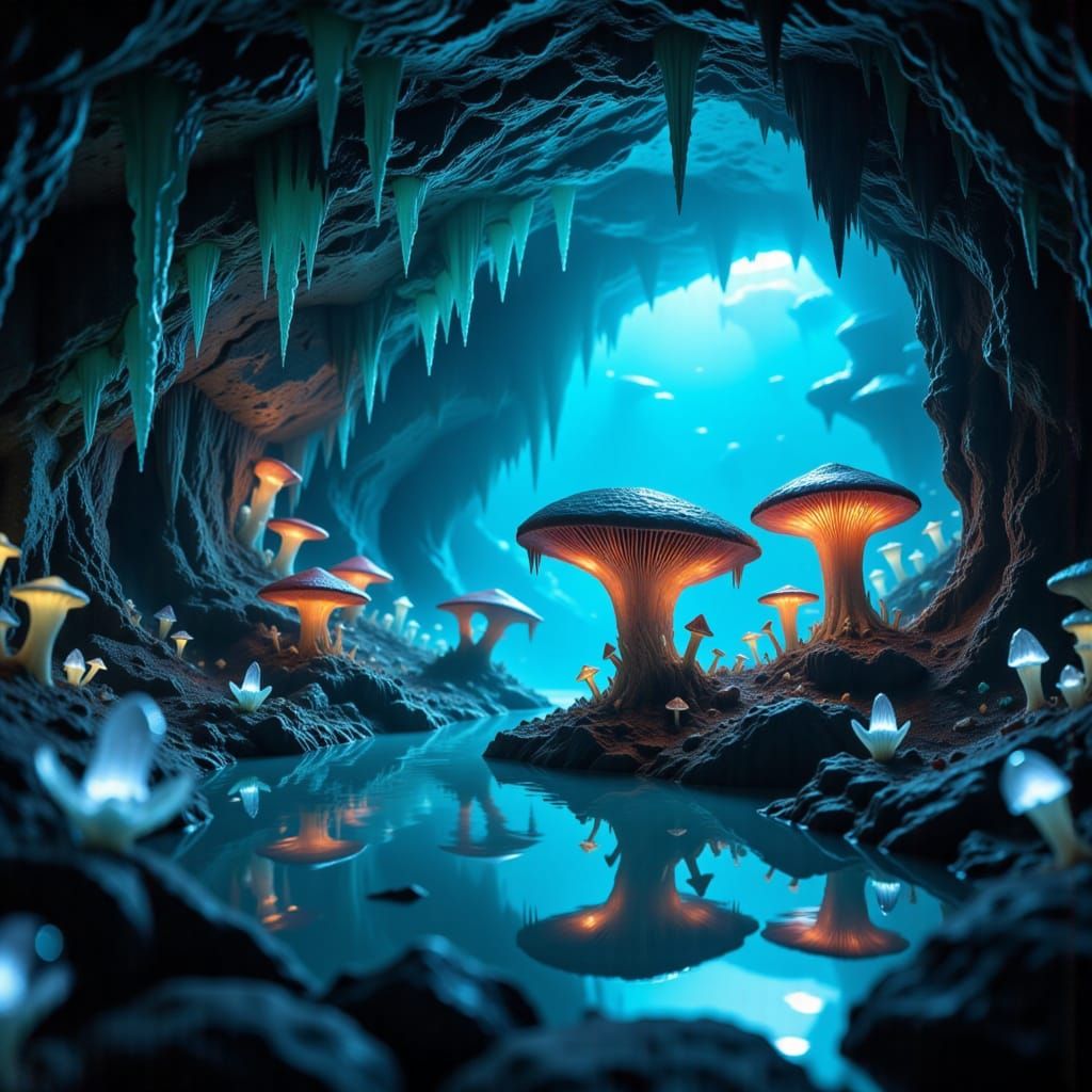 Bioluminescent Vampire Mushrooms in Turquoise Cave