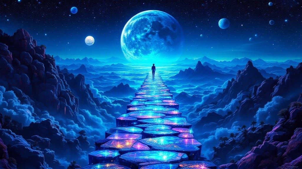 Iridescent Bridge to the Moon in a Dreamy, Impressionist Lan...