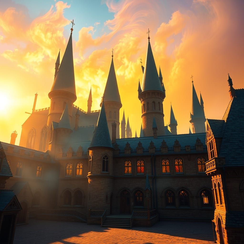 Whimsical Hogwarts Castle in Golden Light