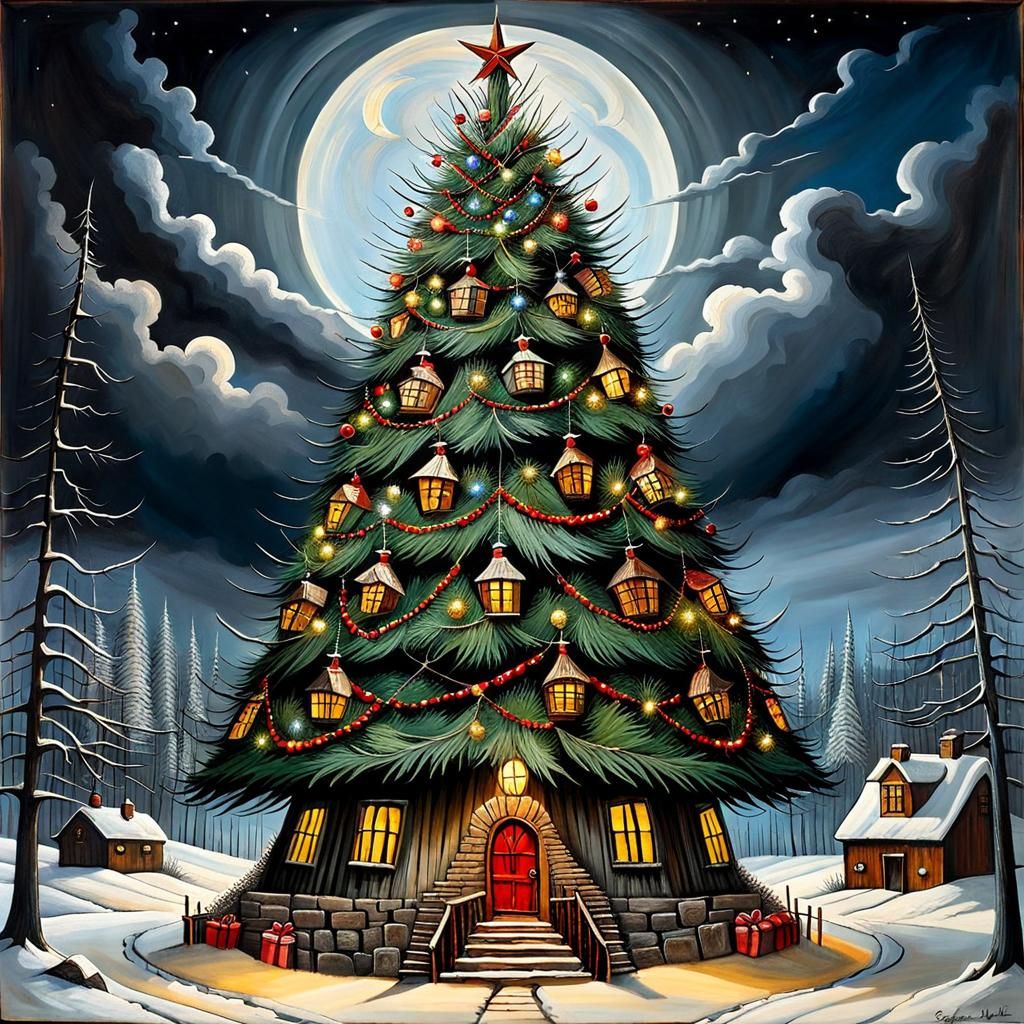 Eco-Friendly Christmas Tree Art in Surrealist Style