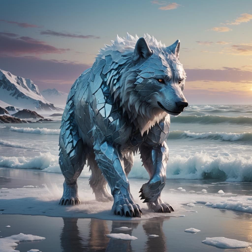 Icy Wolf-Bear Creature by Calm Ocean: Digital Painting