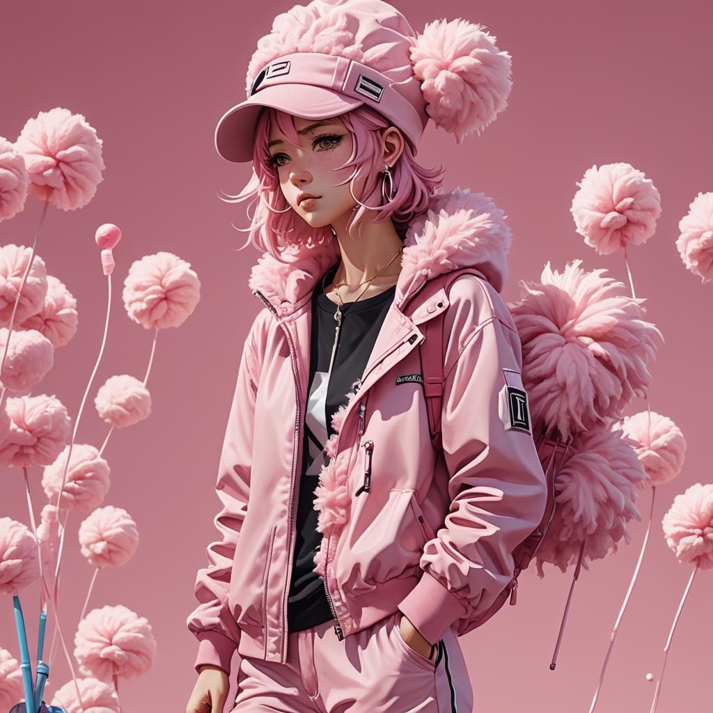 Pink Outfit with Candy Floss in Anime Style