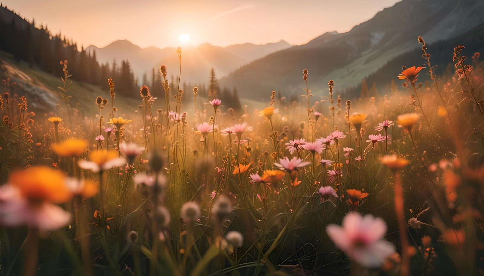 Picturesque Summer Meadow at Sunset in the Mountains