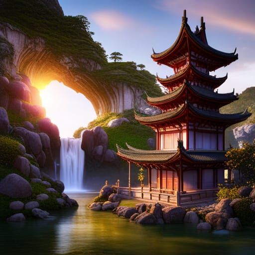 Night Temple with Plum Tree and Waterfall