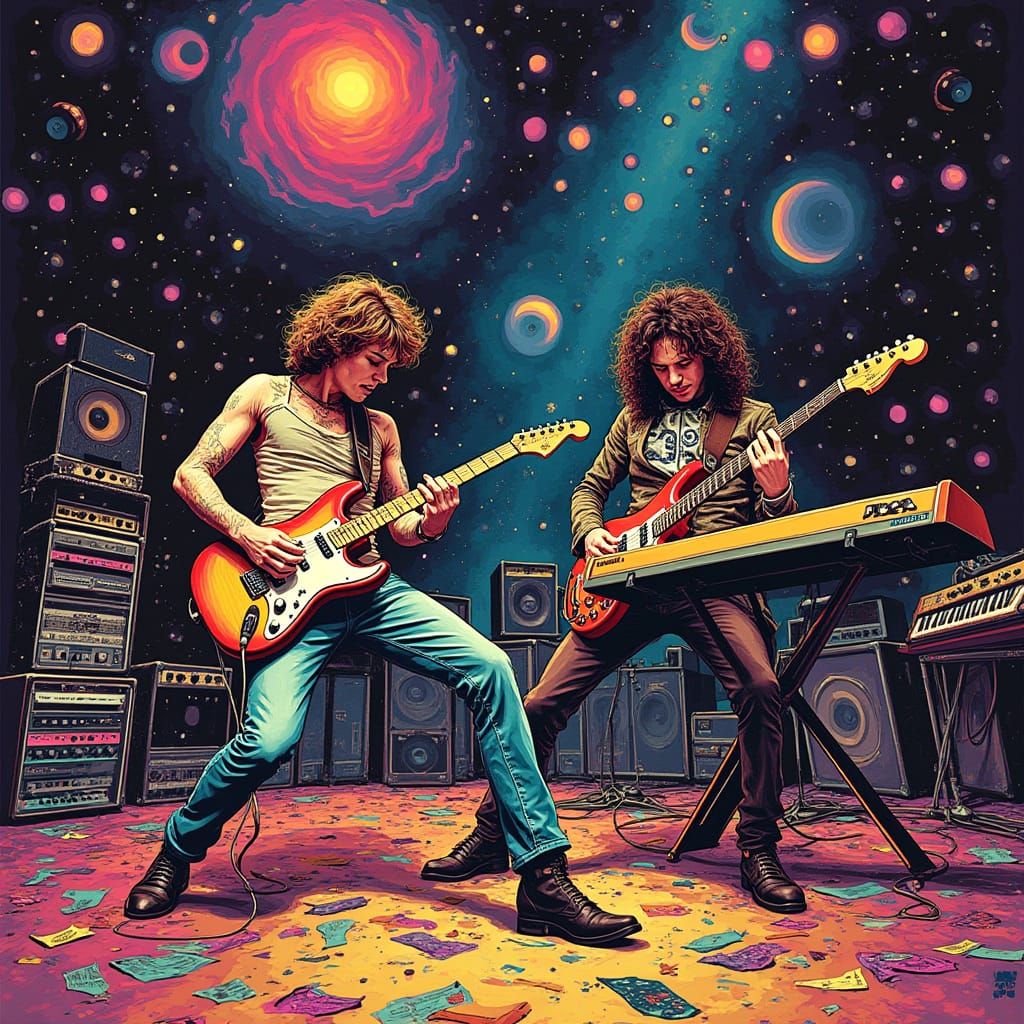 Psychedelic Rock Battle in Vibrant, Electric Colors