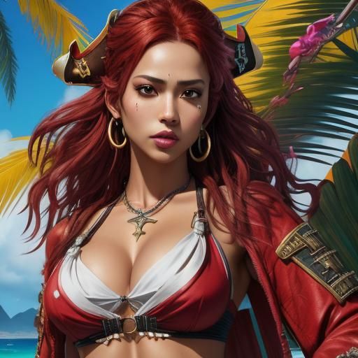 Hyperrealistic Pirate Woman on Tropical Beach