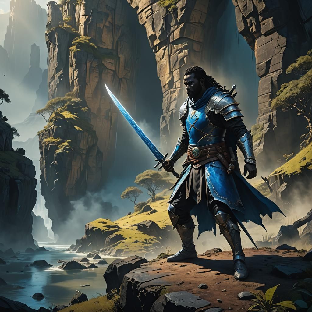 Fantasy Warrior with Sword and Shield in Blue