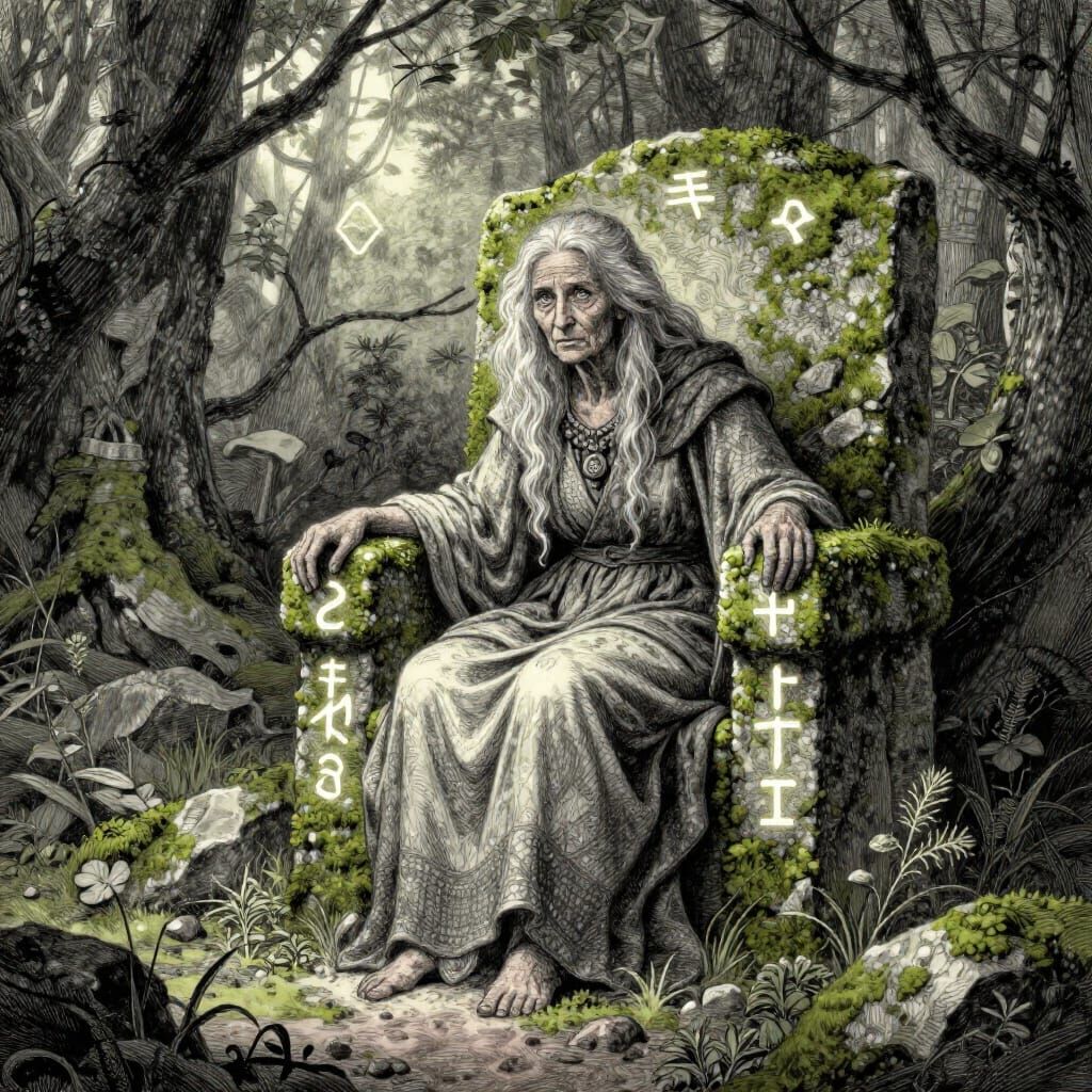 A wise old woman with flowing silver hair and deep-set eyes, sitting on a moss-covered stone throne in an ancient, overg...
