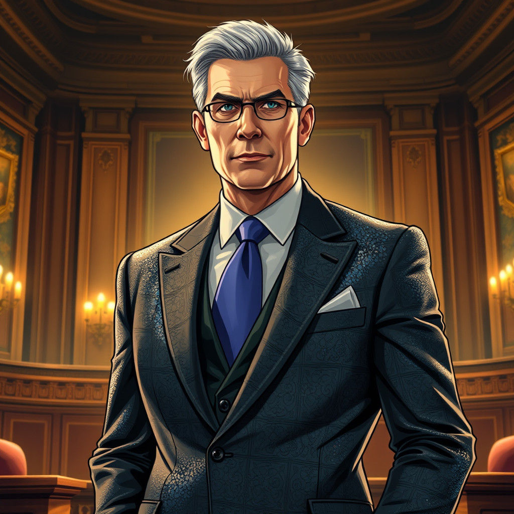 Confident Lawyer in Sequined Suit, Opulent Courtroom