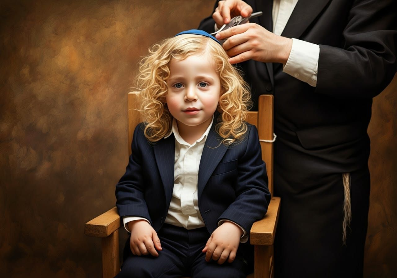 Hasidic Boy's Joyful First Haircut Ceremony in Vibrant Color...