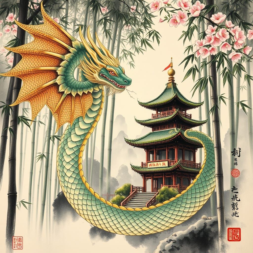 Winged Serpent Coiled Around Pagoda in Ink Painting Style