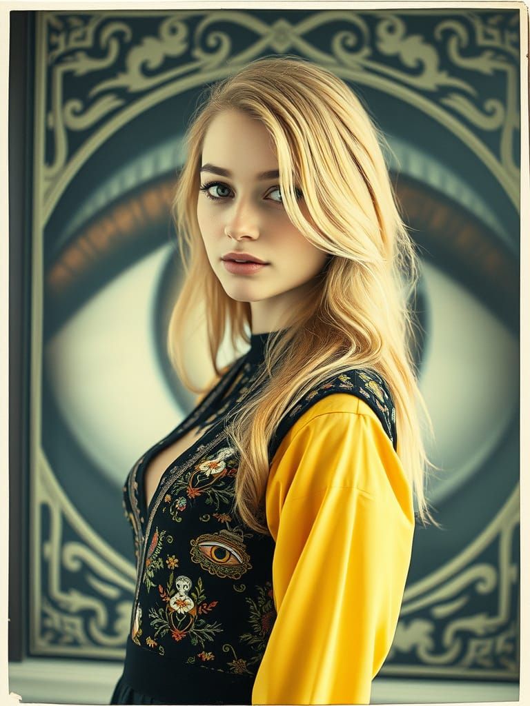 Blonde Woman in Optical Art Clothing, Polaroid Style