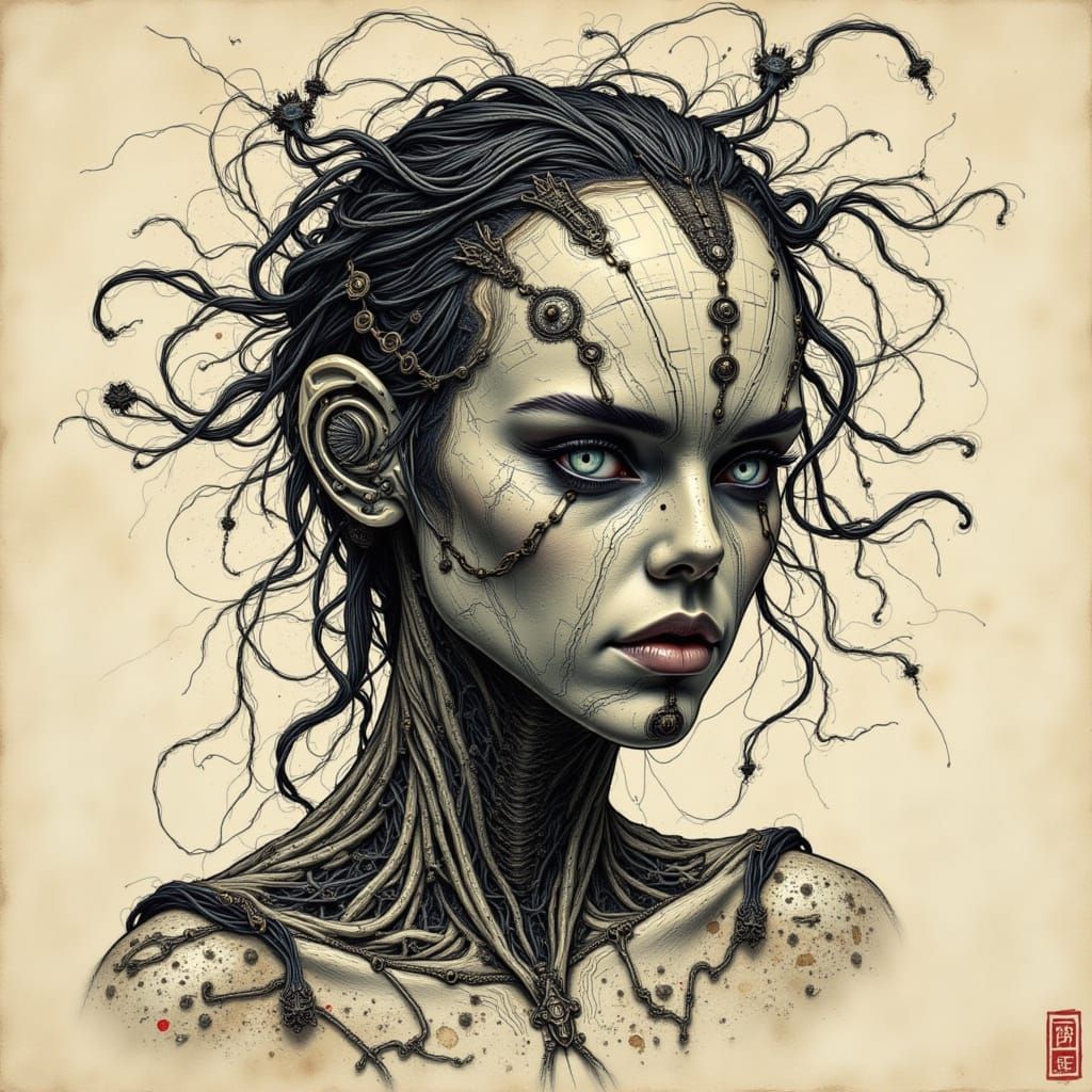 Cyborg with Circuitry in Calligraphy Style