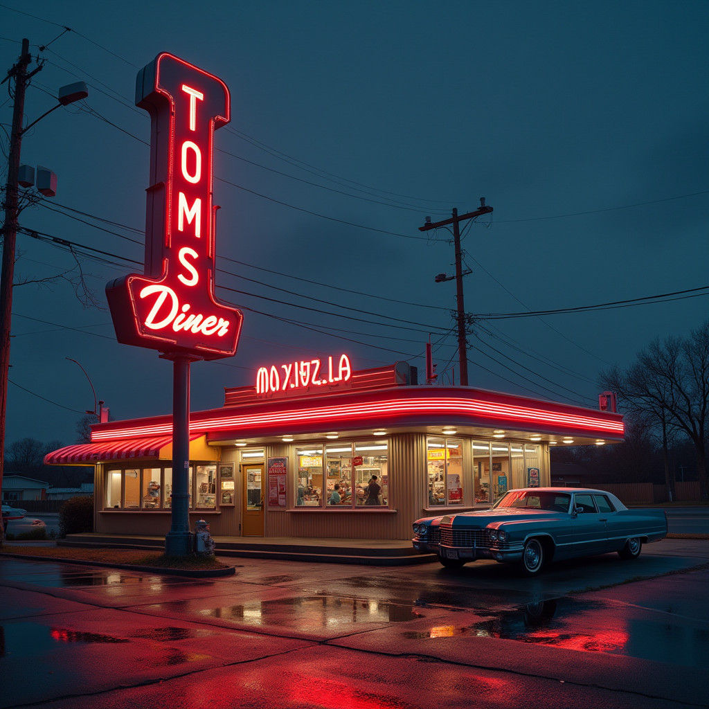 Nostalgic Diner at Dusk in Hyperrealistic Style