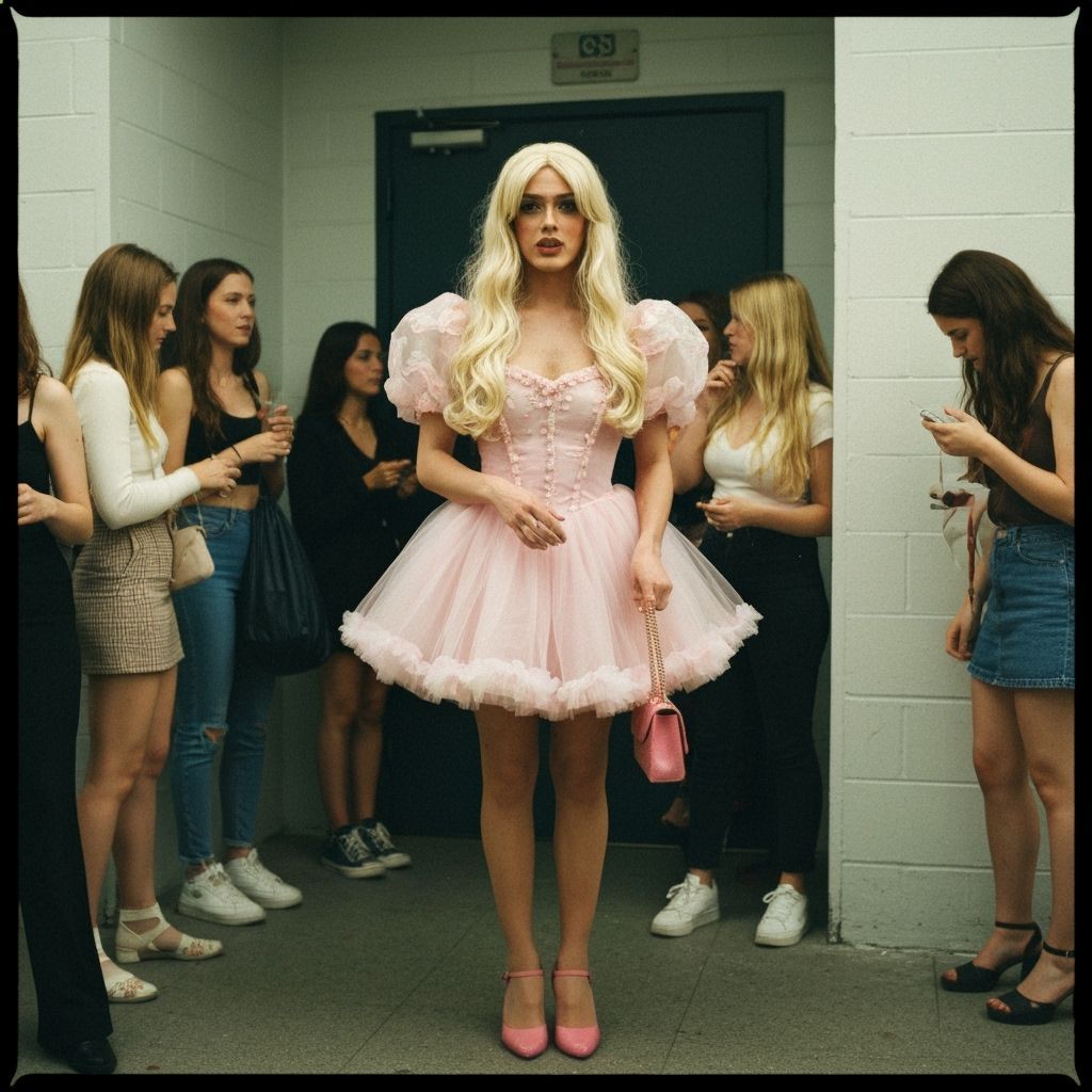 Crossdressing Teen in Prom Dress at Restroom