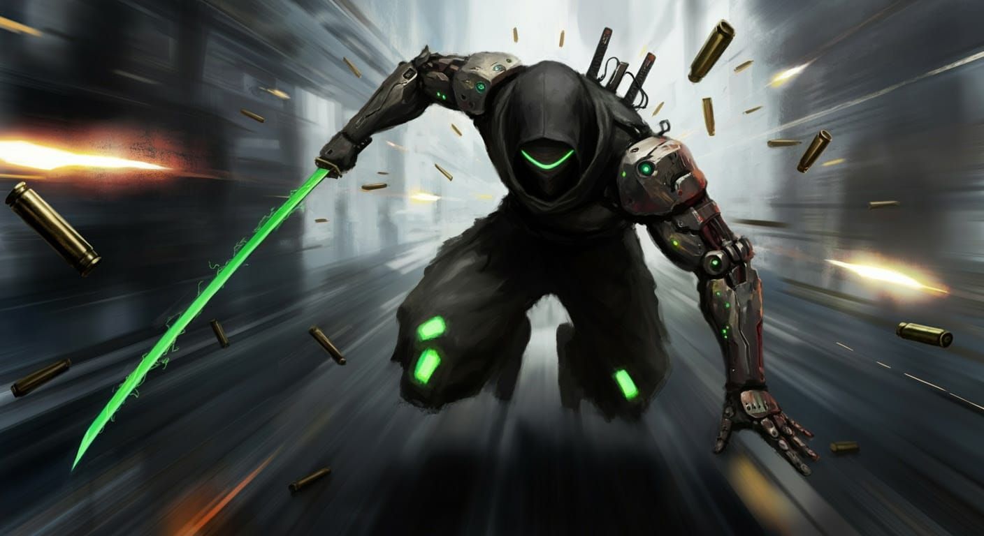 Cyberpunk Cyborg Ninja in High-Speed Combat