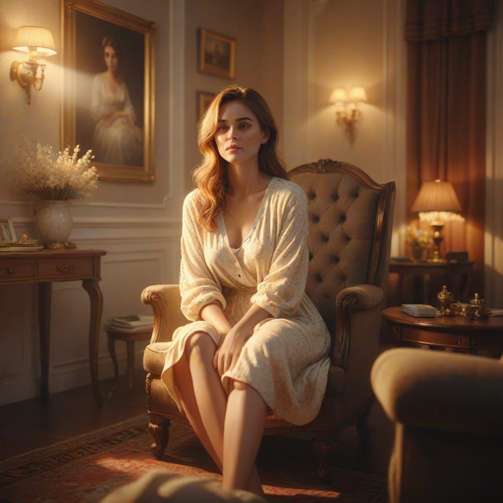 Cozy Woman in Golden Light: Ultra-Realistic Digital Art