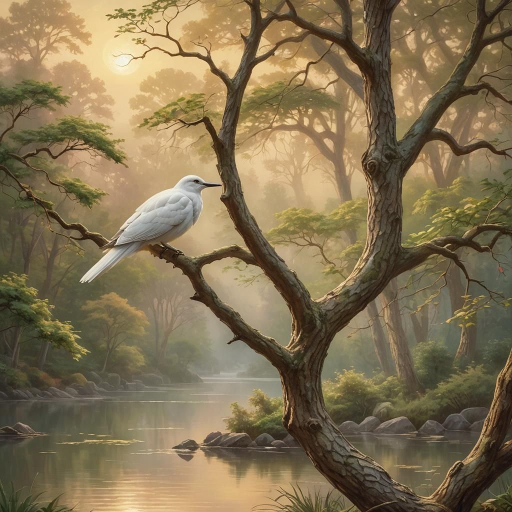 Serene Lake Landscape with White Bird in Kinkade Style