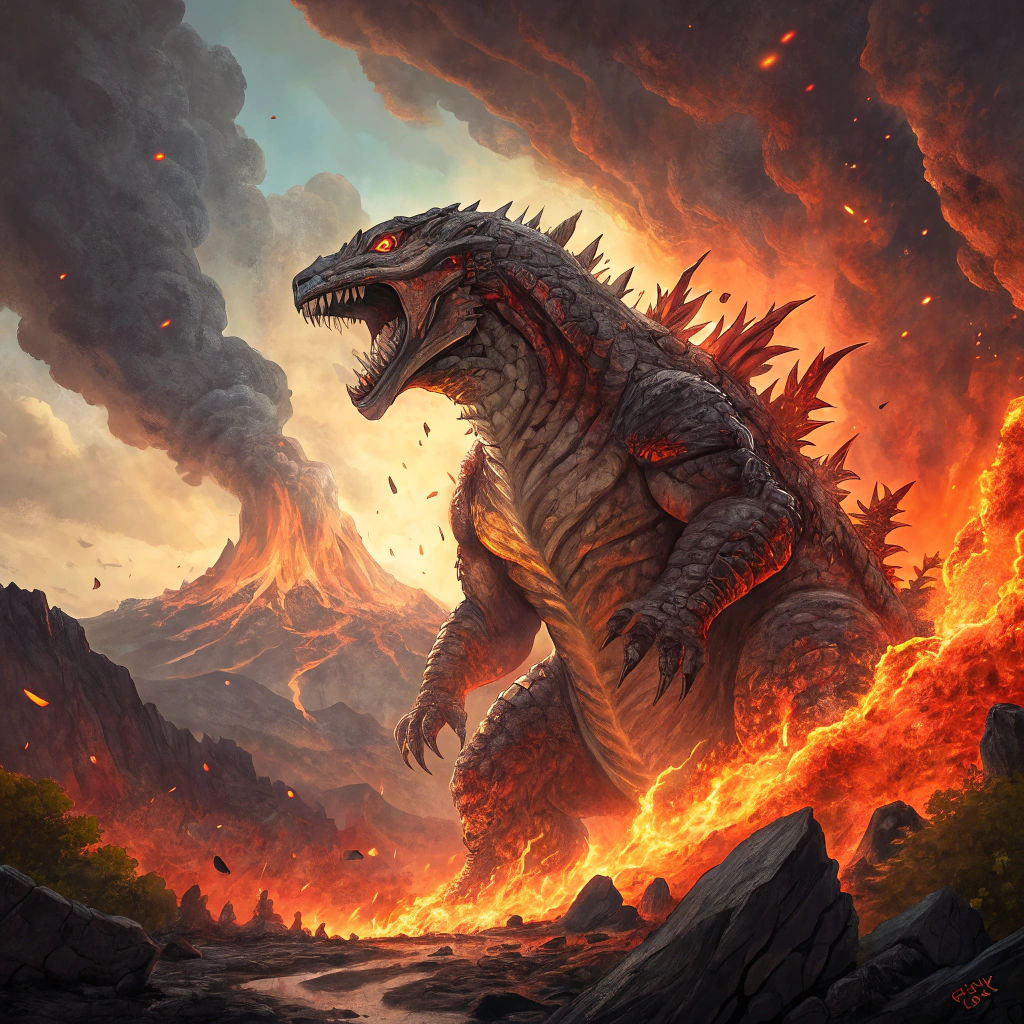Majestic Groudon in Fiery Landscape, Digital Art