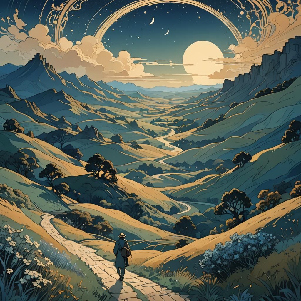 Traveler on Winding Path in Art Nouveau Style