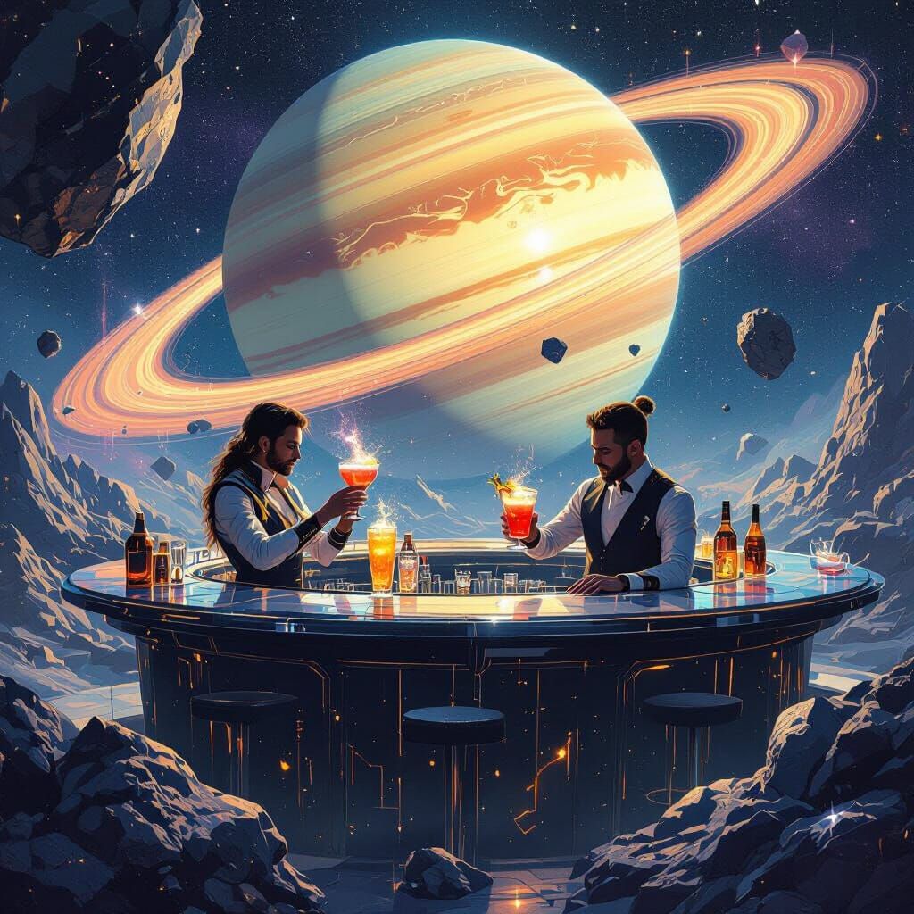 Futuristic Bar in Saturn's Rings with Cosmic Mocktails
