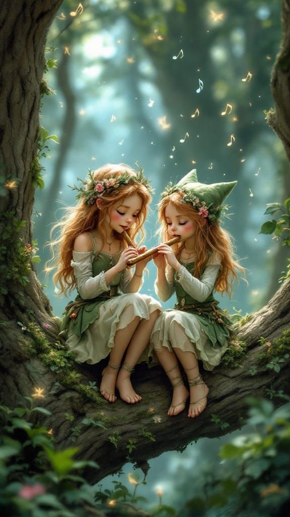 Two Cute Forest Gnome Girls Playing Flute