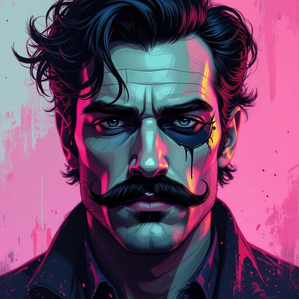 Psychedelic Cyberpunk Moustache Figure in Dynamic Mixed Medi...