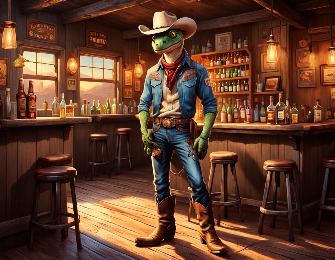 Anthropomorphic Gecko Cowboy in Western Oil Painting