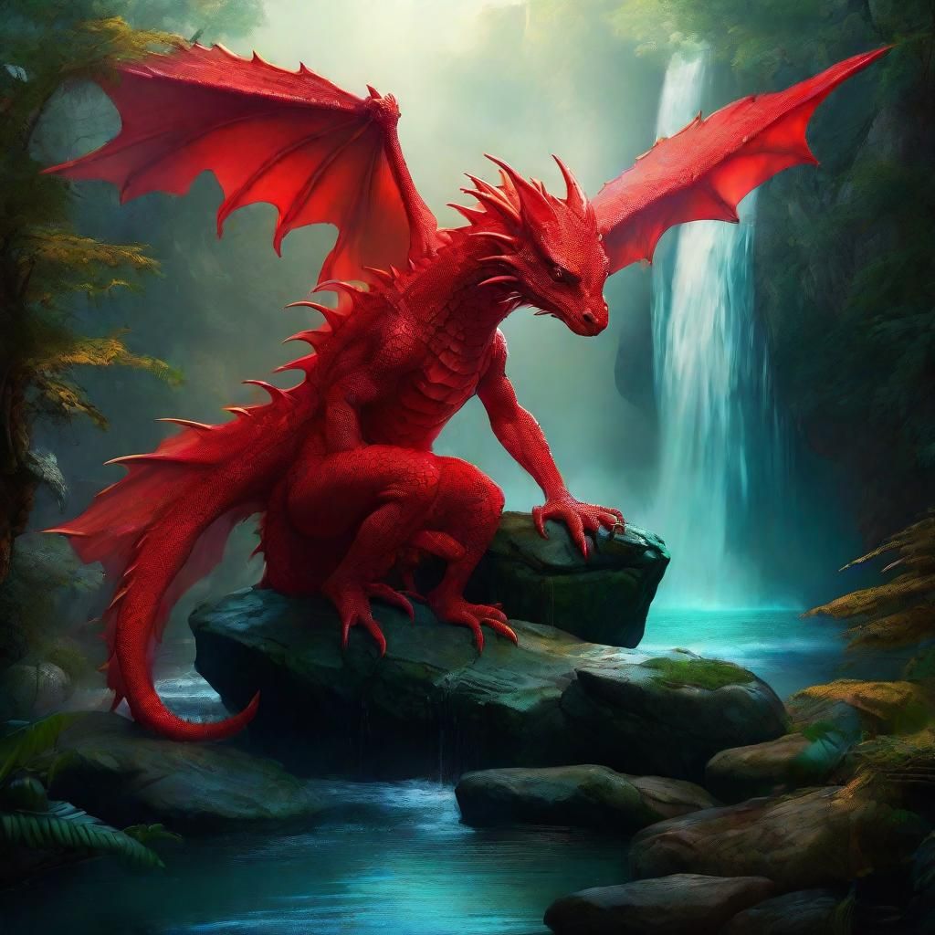 A Red Dragon Resting In The Waterfall