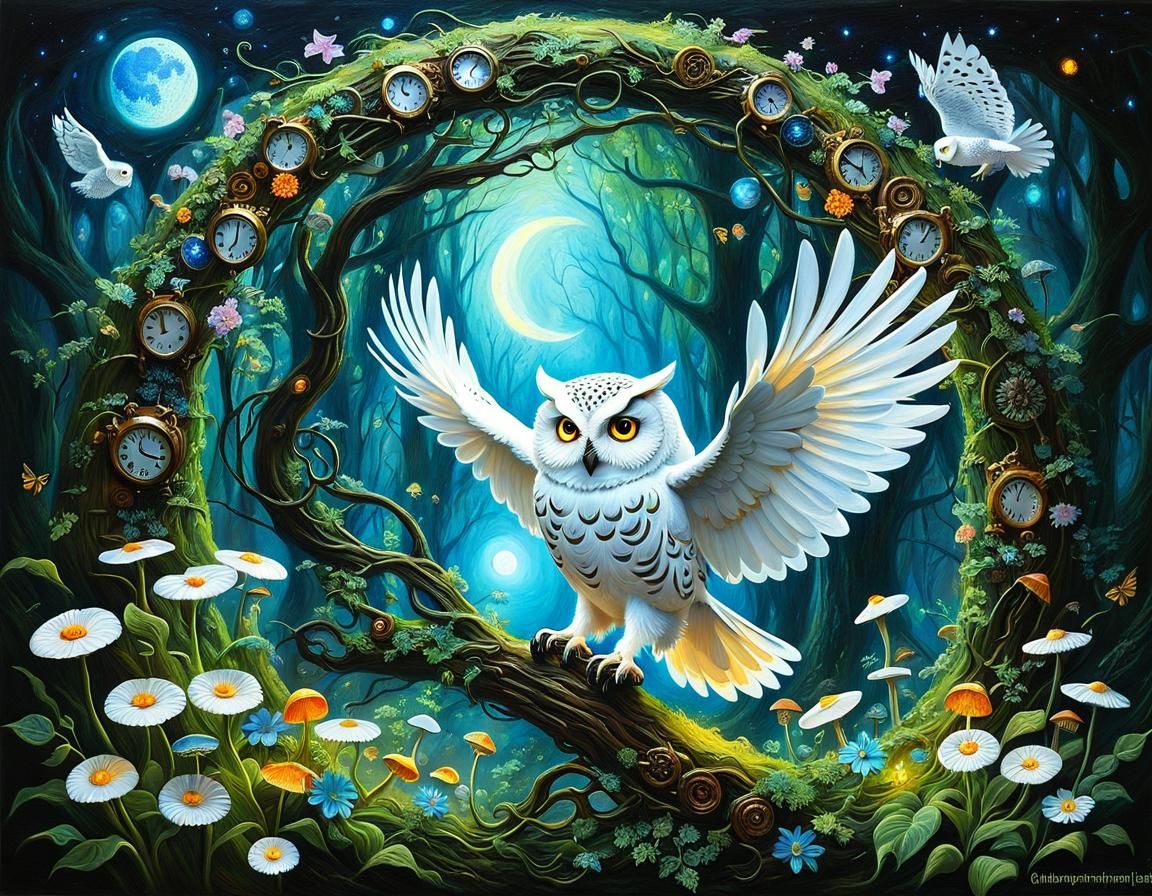 Glowing Owl Enters Fairy Portal as Impasto Painting