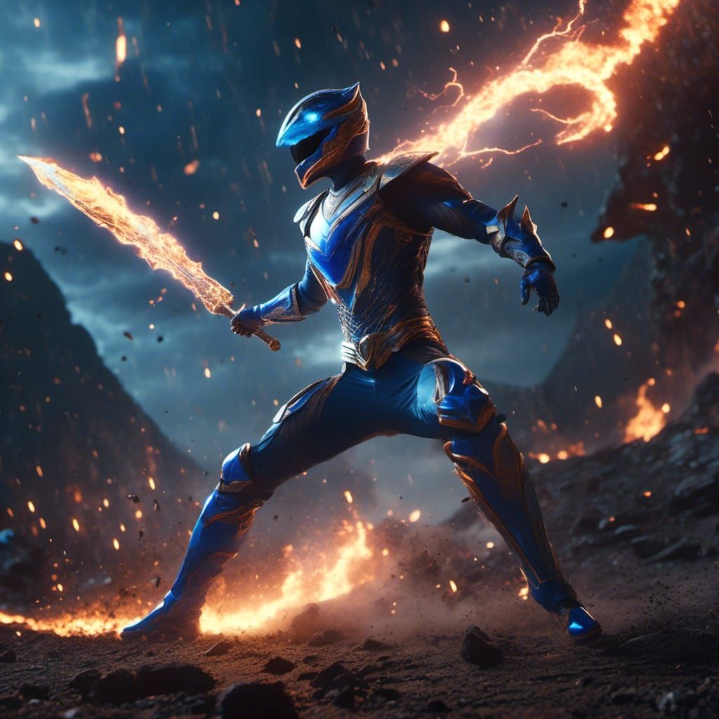Blue Power Ranger Leaping with Axe in Matte Painting