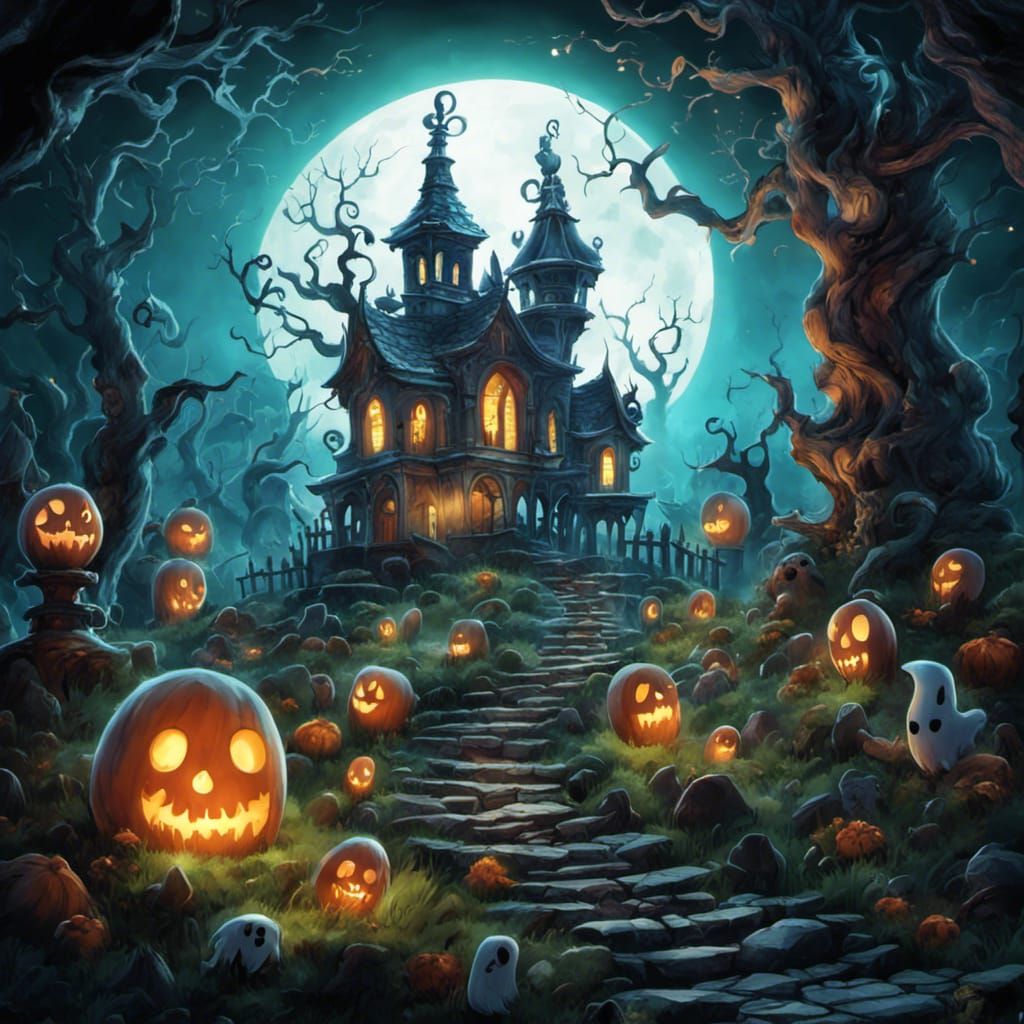 Chibi Ghost in Haunted Graveyard: Watercolor Art