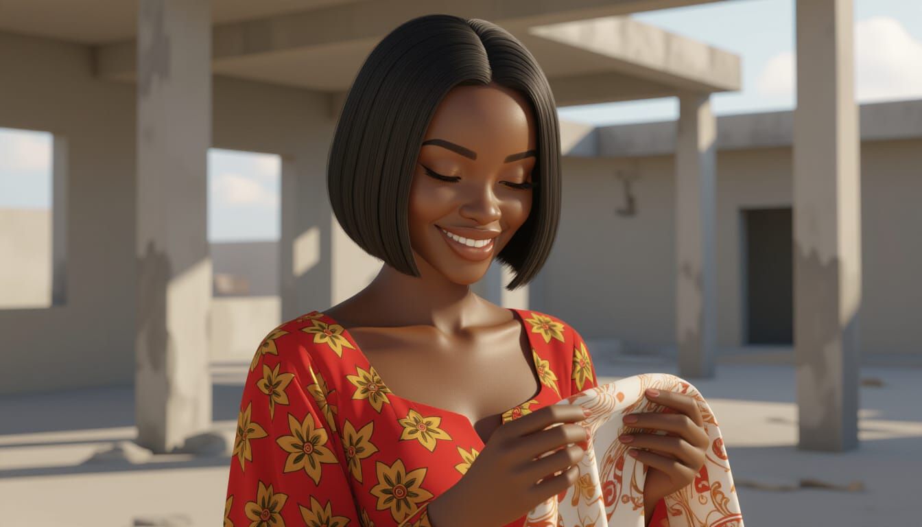 African Woman in Red Dress in Broken Building