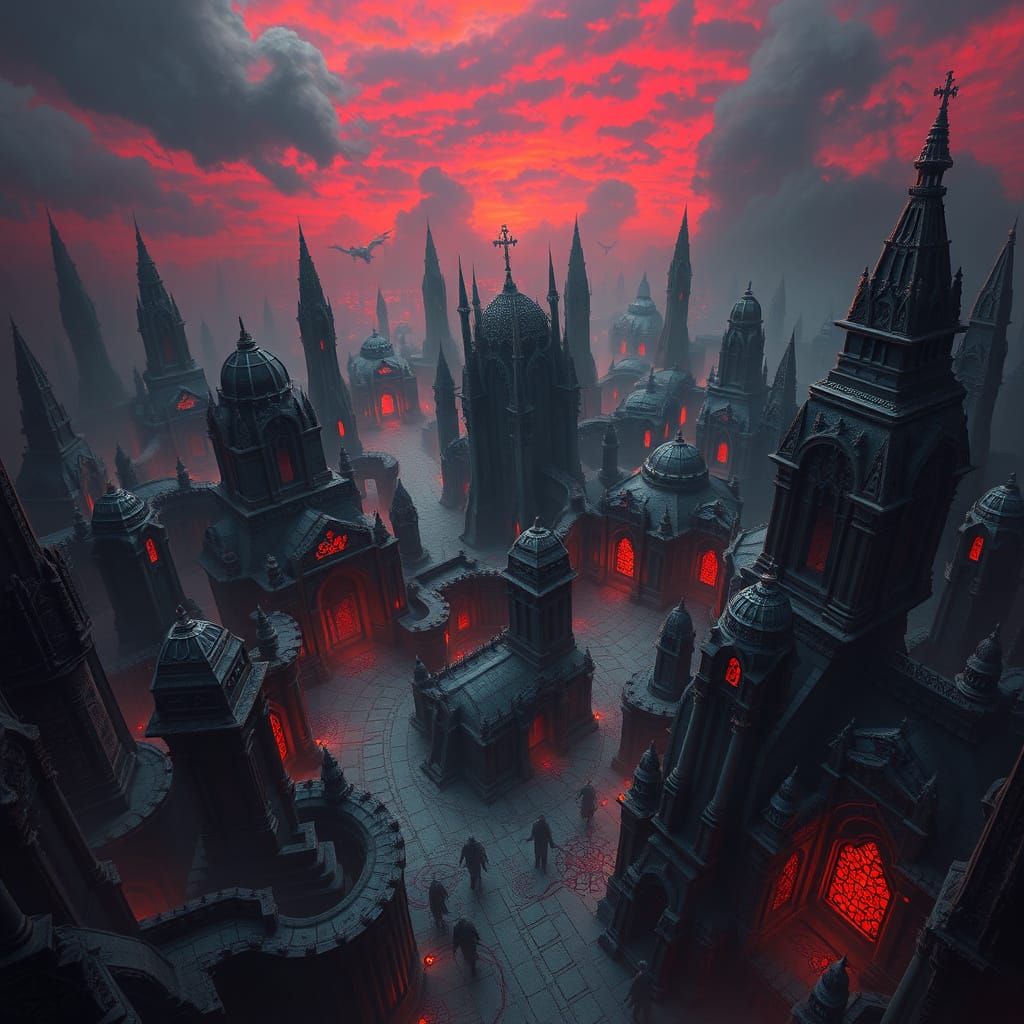 From a soaring bird's-eye view, a vast, cursed necropolis sp...