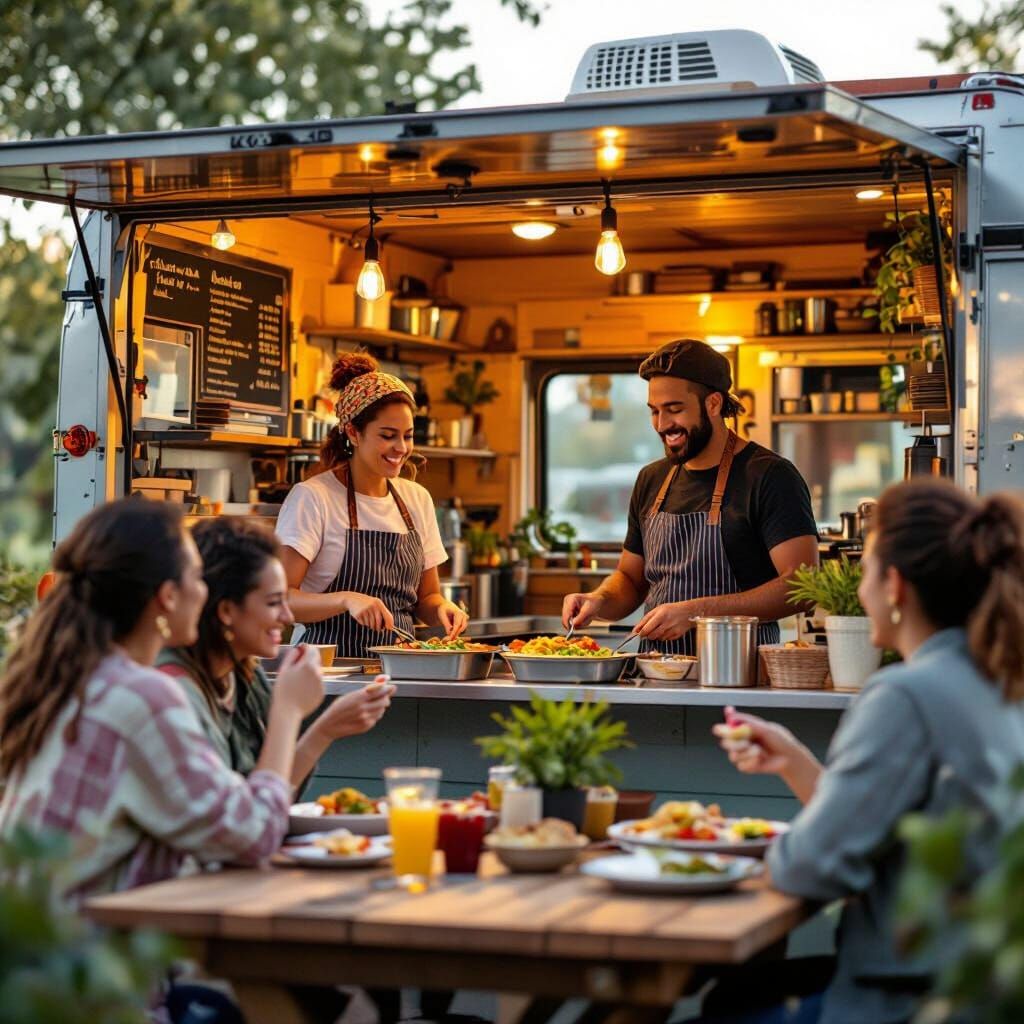 Vibrant Tiny House Food Truck Scene With Happy Diners