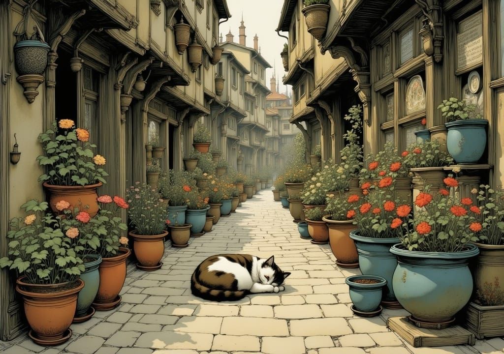 Charming Mediterranean Alley with Sleeping Cat, Illustration