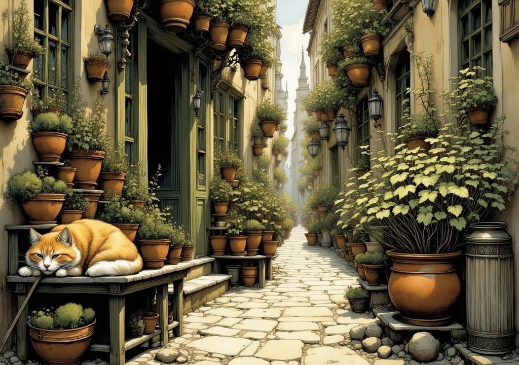 Whimsical Mediterranean Street Scene at Twilight