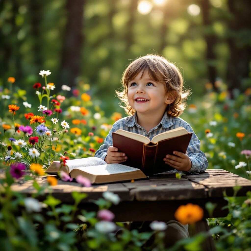 Child with Hopeful Smile Holds Bible in Forest Clearing