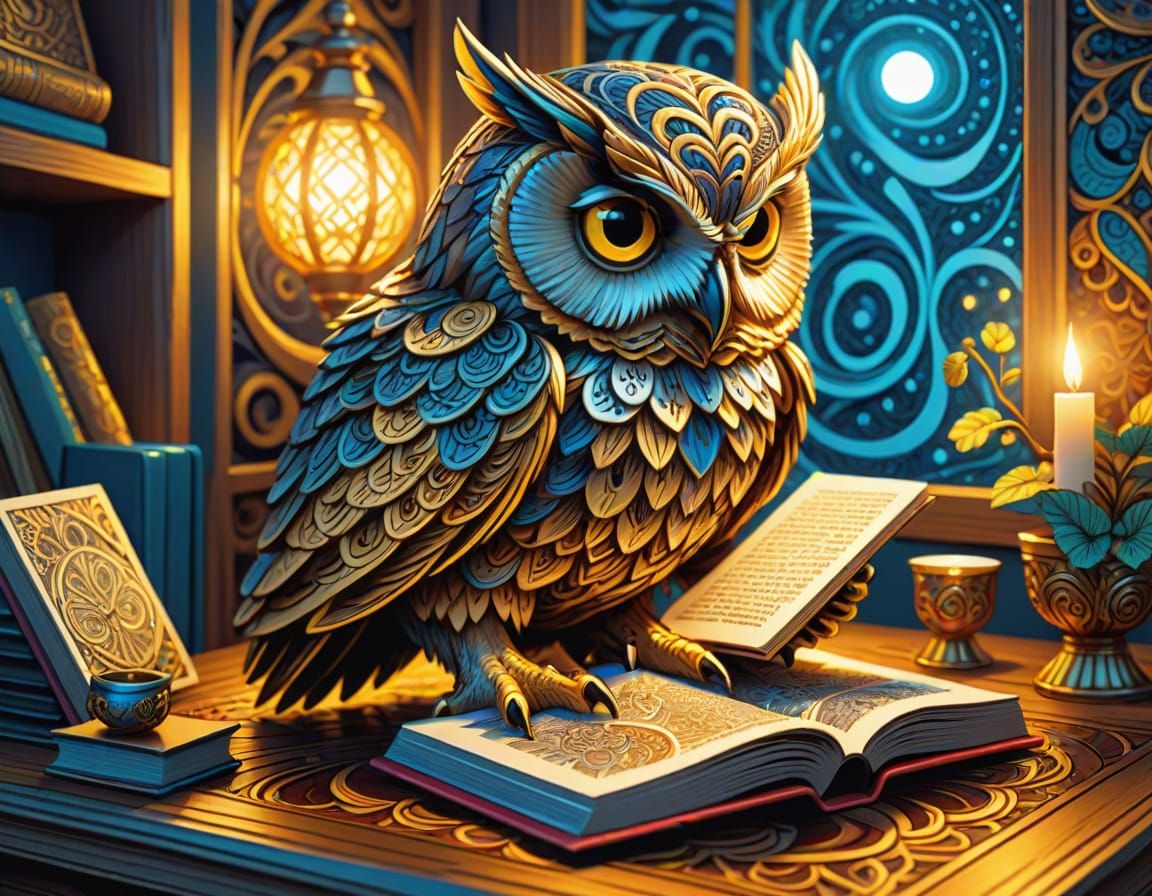 Owl Reading Book in Comic Book Art Style