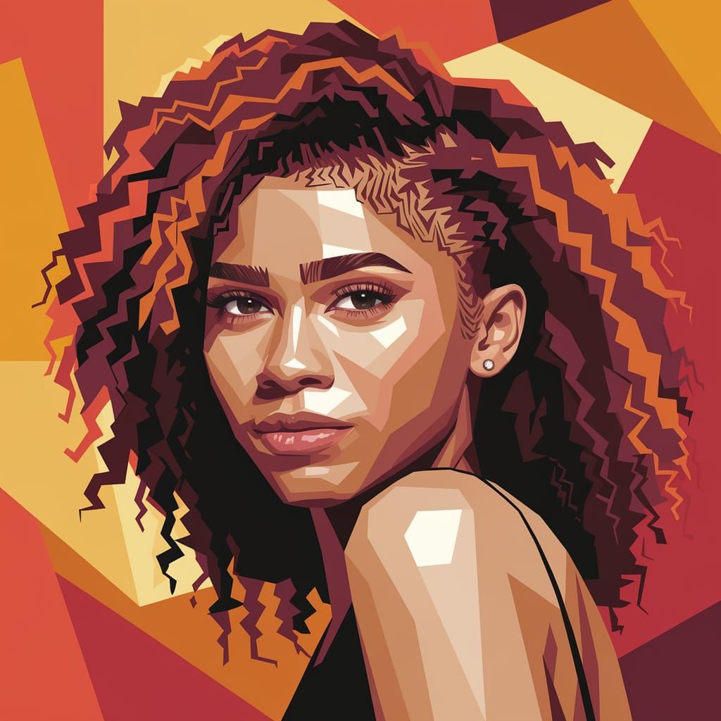 Cubist Portrait of Zendaya in Golden Hues