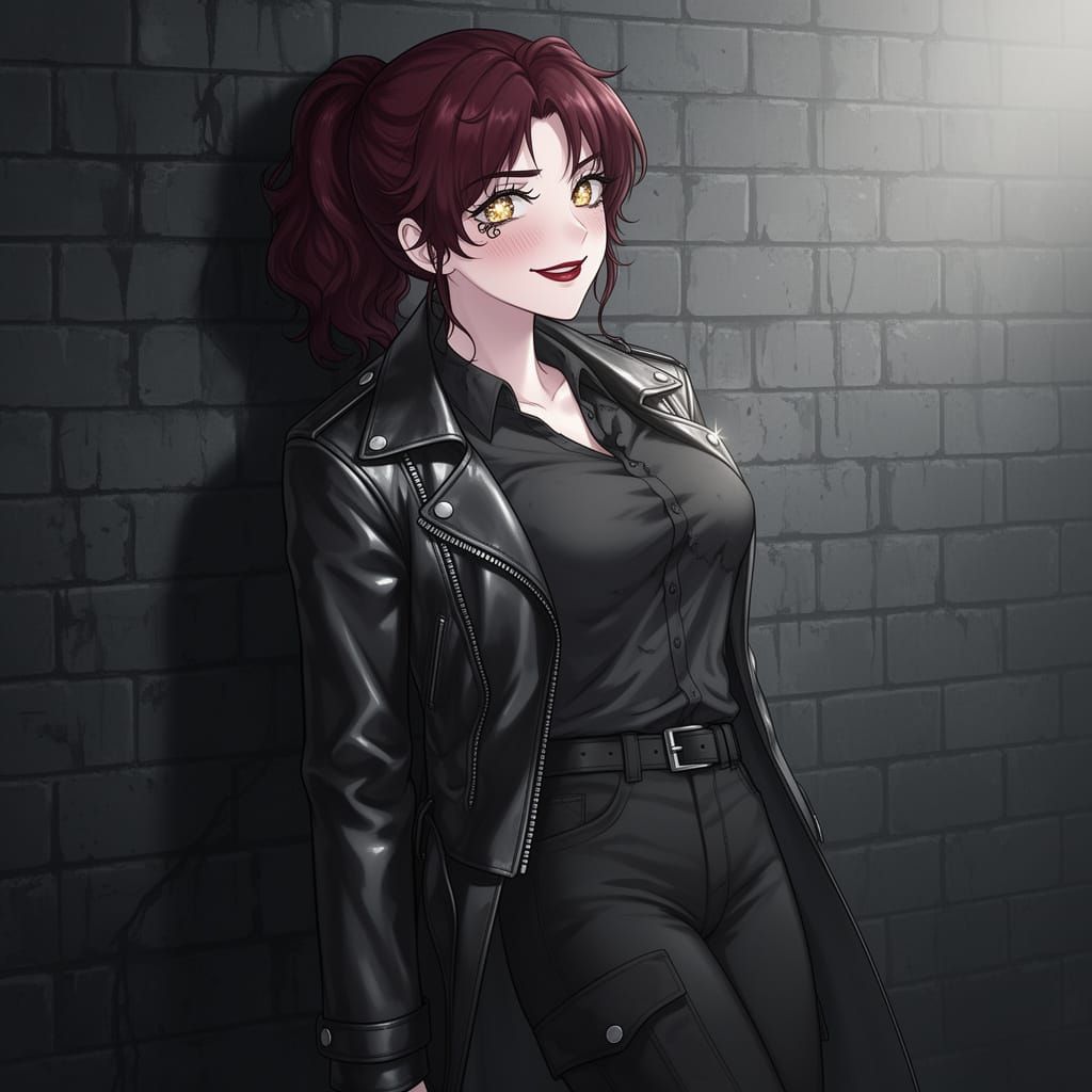 Anime Girl Leaning Against Brick Wall in Dramatic Light